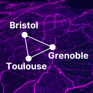 An abstract map showing Bristol, Toulouse and Grenoble connected