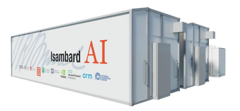 Large white container buildings, with "Isambard AI" and a selection of logos along the side.