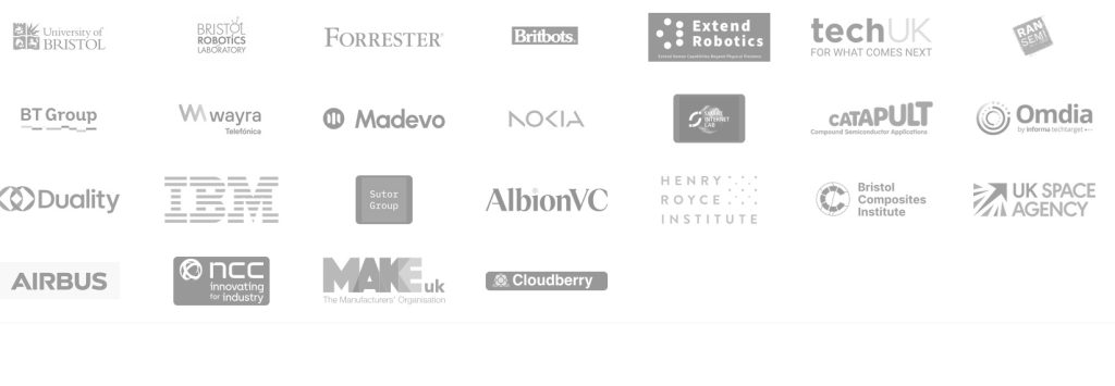 A selection of organisation and company logos including the University of Bristol, Bristol Robotics Laboratory, Forrester, Britbots, Extend Robotics, techUK, RanSem, BT Group, Wayra, Madevo, Nokia and more..