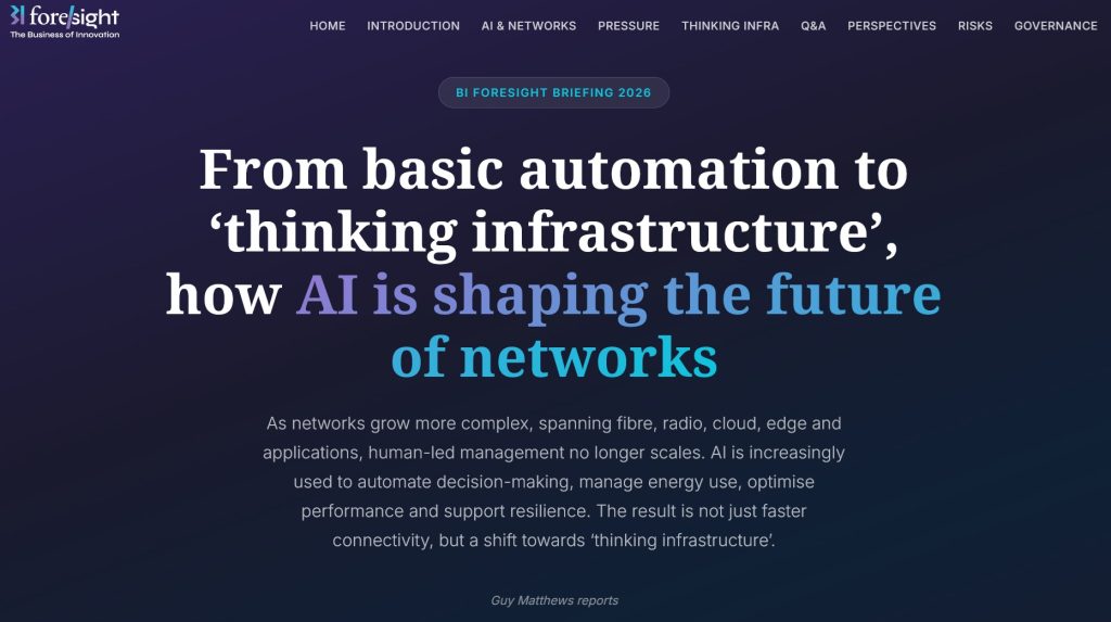 A screengrab from the BI Foresight Briefing 2026 page, showing the headline "From basic automation to 'thinking infrastructure', how AI is shaping the future of networks".