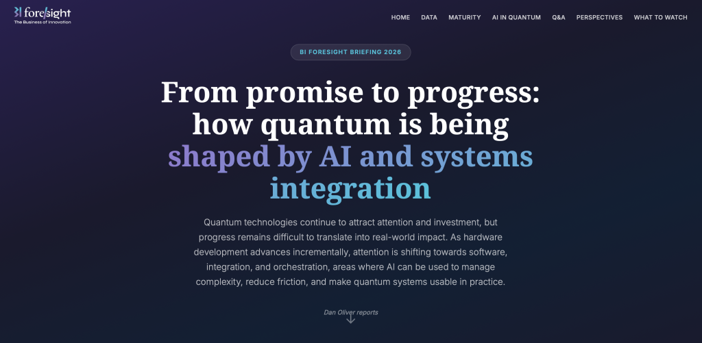 A screenshot of the BI Foresight quantum briefing page, showing the headline "From promise to progress: how quantum is being shaped by AI and systems integration".
